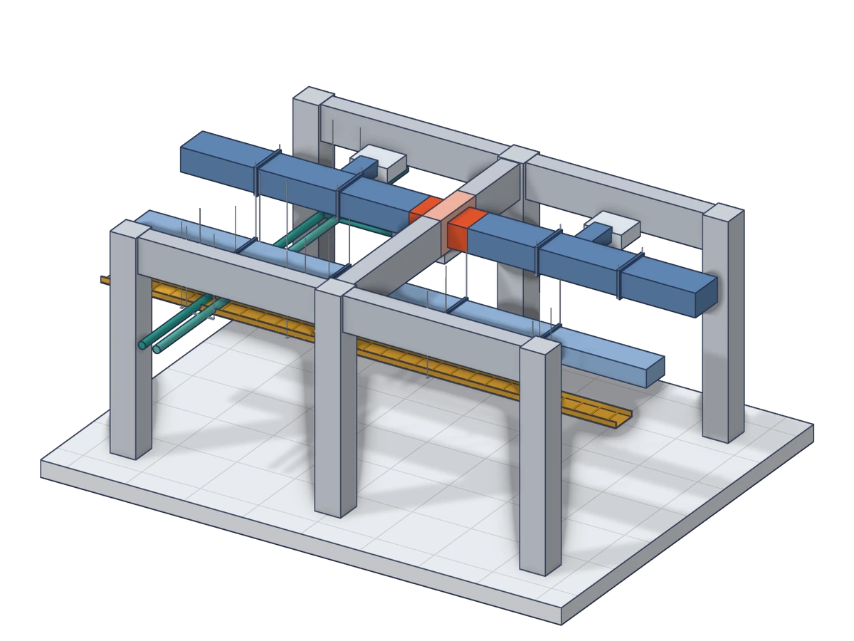 Vue 3D d'une maquette numérique de synthèse : structure béton, gaines de ventilation, réseaux hydrauliques et chemin de câbles ; une gaine traverse une poutre porteuse, le conflit est repéré et classé